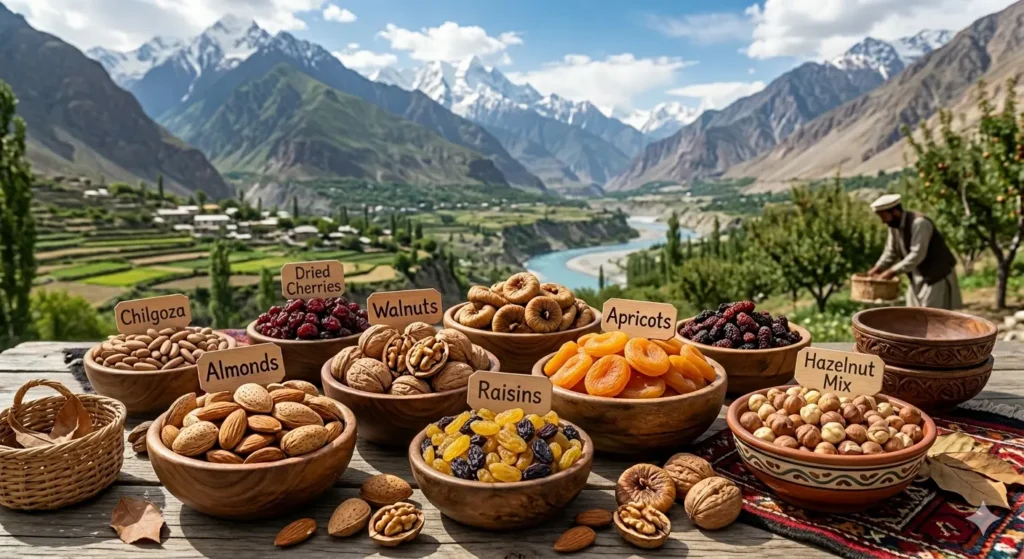 Gilgit Baltistan dry fruits assortment organic almonds walnuts apricots kilao Pakistan